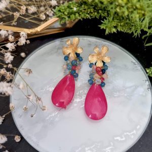 Pendientes de racimo con jade en tono fresa, rosa y azul