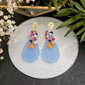 Pendiente de racimo con lágrima jade teñida y tallada, hexágono de cornalina, racimo cornalina, ágata lace, jade azul celeste, fucsia y azul marino