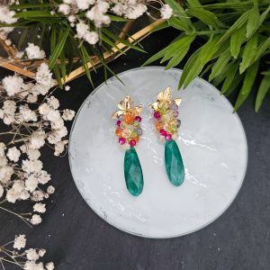 Pendiente de racimo con esmeralda, cornalina, cuarzo limón, rubí, tanzanita, peridoto, citrino, topacio rosa y cristal de roca